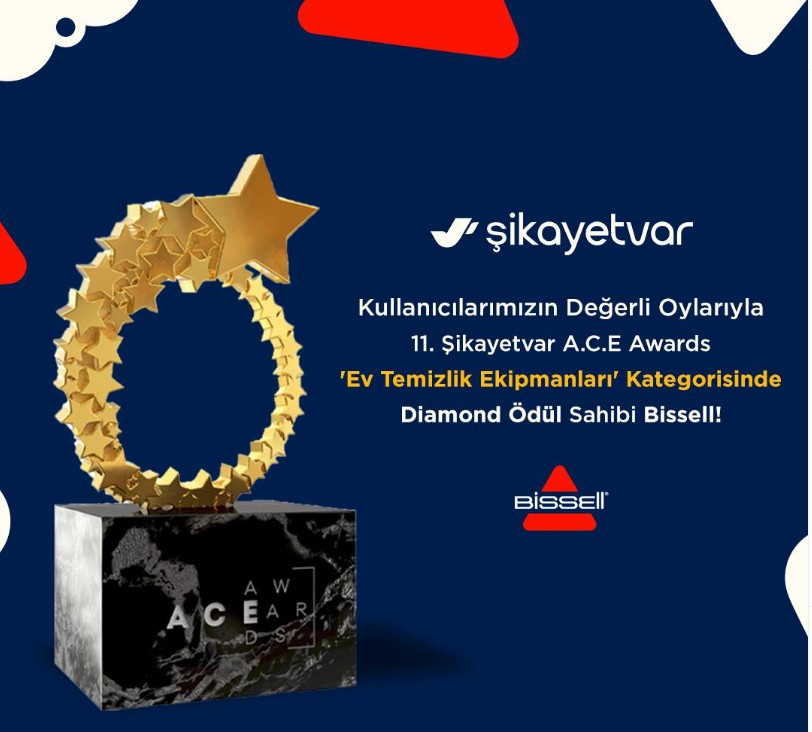 Bissell , Şikayetvar 11. A.C.E. Ödülleri’nde 'Ev Temizlik Ekipmanları' kategorisinde Diamond Ödül’ün sahibi oldu! Bu değerli ödül; müşterilerimizin memnuniyeti, güveni ve geri bildirimleri sayesinde mümkün oldu. Bizim için en büyük motivasyon, evlerinize kattığımız temizlik ve mutluluk! Bizi tercih eden, deneyimlerini paylaşan ve bize güvenen herkese teşekkür ederiz. Birlikte daha nice başarılara!