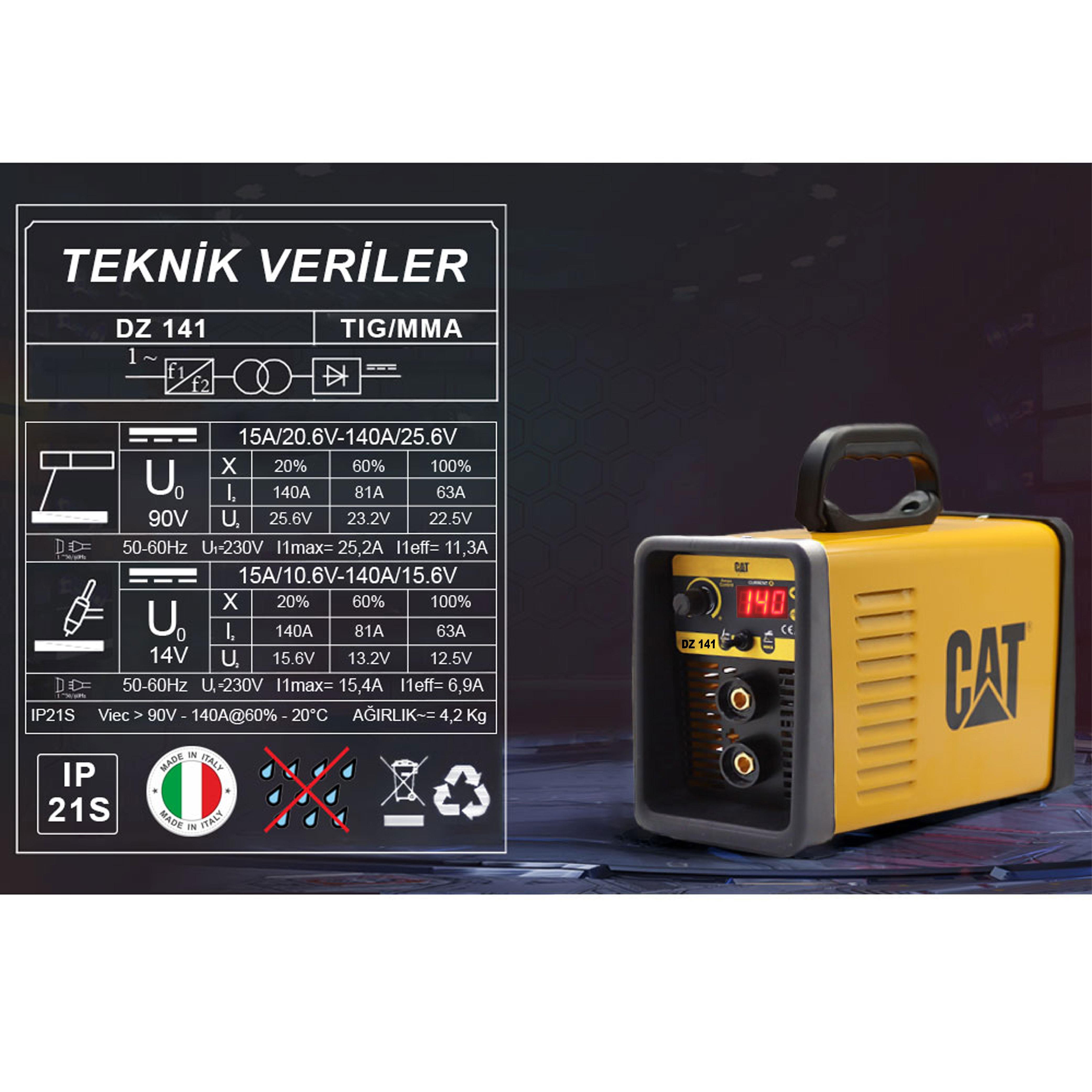 CAT DZ141 140 Amper TIG LIFT/MMA Çanta Tipi Profesyonel Dijital İnverter Kaynak Makinesi CAT DZ141 140 Amper TIG LIFT/MMA Çanta Tipi Profesyonel Dijital İnverter Kaynak Makinesi